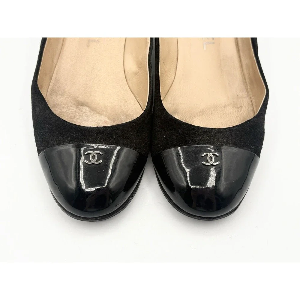 Chanel Black Suede Low Block Heels w CC Logo Cap Toe Accent Size EU 36
